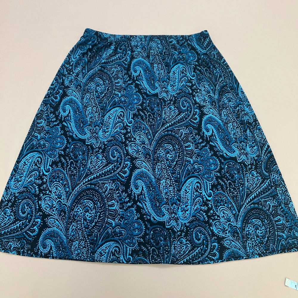 Slinky Brand Paisley Skirt Elastic Waist A-Line‎ Midi Casual Blue Black 1X Plus